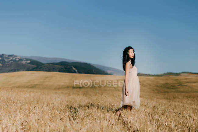 Belle asiatique femelle regardant loin tout en se tenant debout sur fond flou de prairie par jour venteux dans la nature — Photo de stock