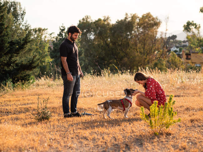 Cheerful couple playing with small friendly dog in nature — Stock Photo