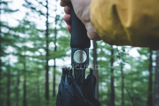 Крупним планом рука людини з ручкою натискання на кнопку парасольки для відкритої парасольки на розмитому фоні — стокове фото