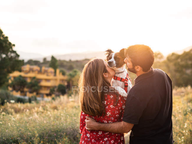 Couple kissing little dog in sunny countryside — Stock Photo