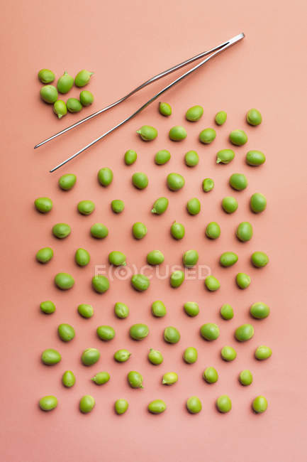Set of peas in a rows on salmon background — Stock Photo