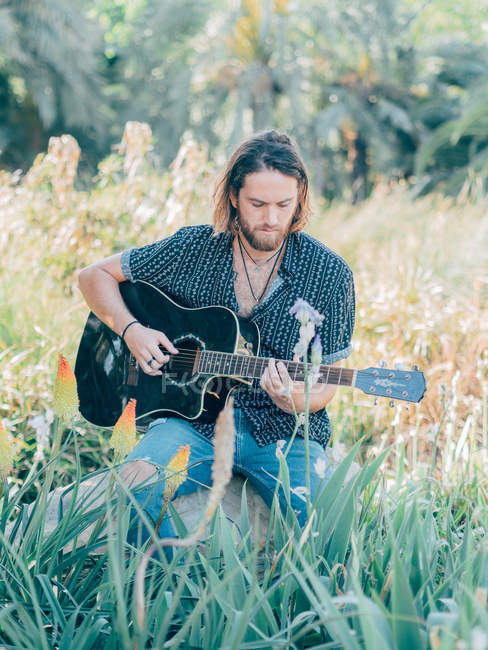 Pensativo barbudo hipster hombre sentado en el prado tocando la guitarra mirando hacia otro lado - foto de stock