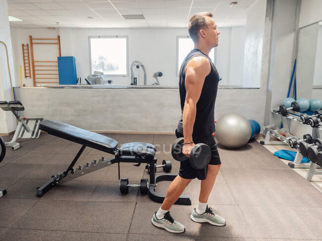Side view of strong adult male with heavy dumbbells training biceps doing curls against mirror in modern gym — Stock Photo