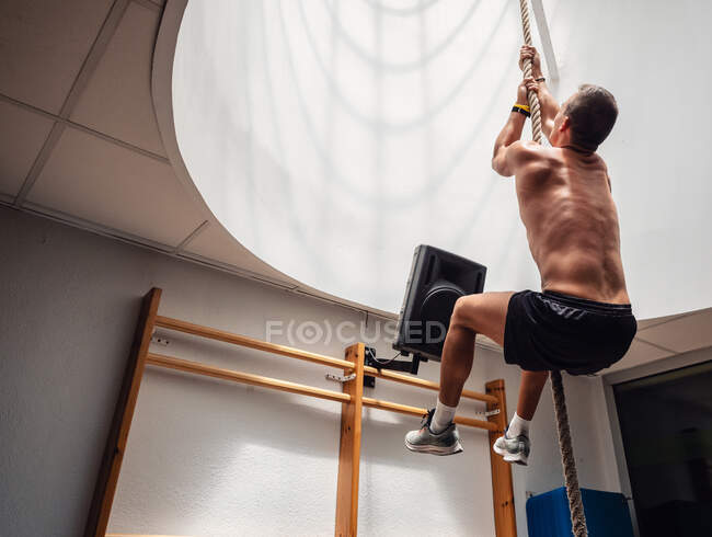 Back view of unrecognizable shirtless muscular sportsman climbing up rope while exercising in modern gym — Stock Photo