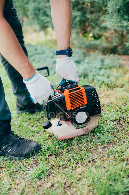 Geschnittenes Bild eines Mannes, der eine Arizonica-Hecke mit mechanischen Werkzeugen schneidet — Stockfoto