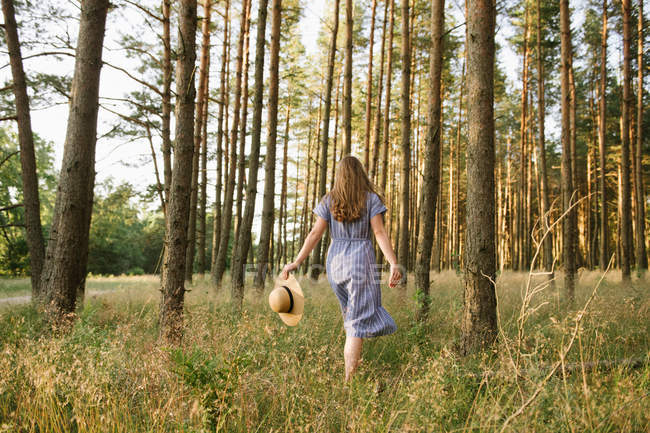 Visão traseira da mulher adulta despreocupada em chapéu de palha e sundress andando ao longo da estrada da floresta entre pinheiros no dia ensolarado — Fotografia de Stock