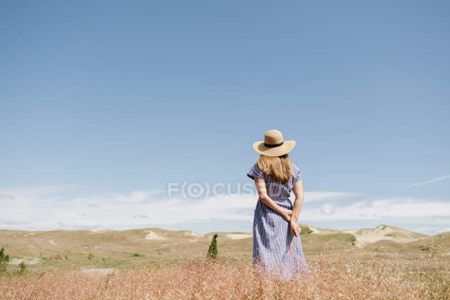 Задний вид взрослой женщины в платье с огоньком сухих травяных шипов, стоя на живописном поле, Нида — стоковое фото