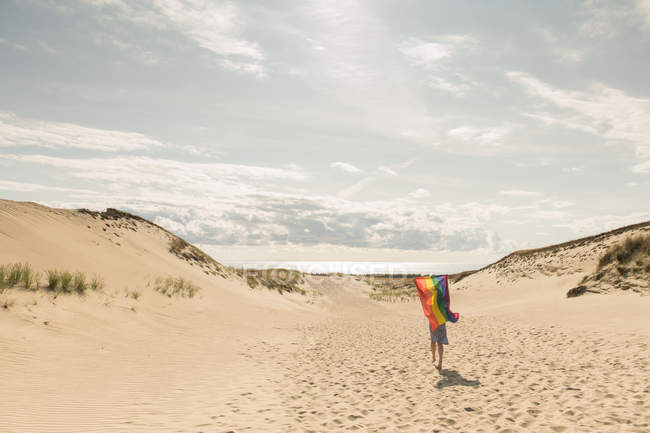 Adult confident woman in casual dress carrying rainbow colored flag above head on windy day — Stock Photo