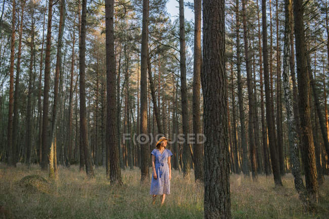 Взрослая женщина в соломенной шляпе и сарафане ходит по лесной дороге между соснами в солнечный день — стоковое фото