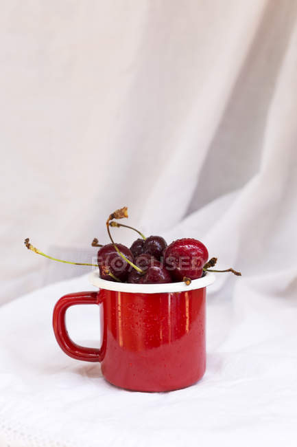 Taza roja con cerezas maduras sobre tela blanca - foto de stock