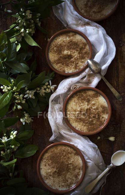 Сверху зеленые цветущие ветки, помещенные возле чаш с вкусной свежей кашей и салфеткой на деревянном столе — стоковое фото