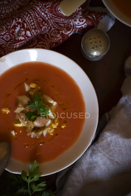Bol de soupe de tomates fraîches — Photo de stock