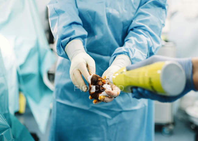 Crop hands of medic pouring iodine to tampon for disinfecting patient during surgery in operating room — Stock Photo
