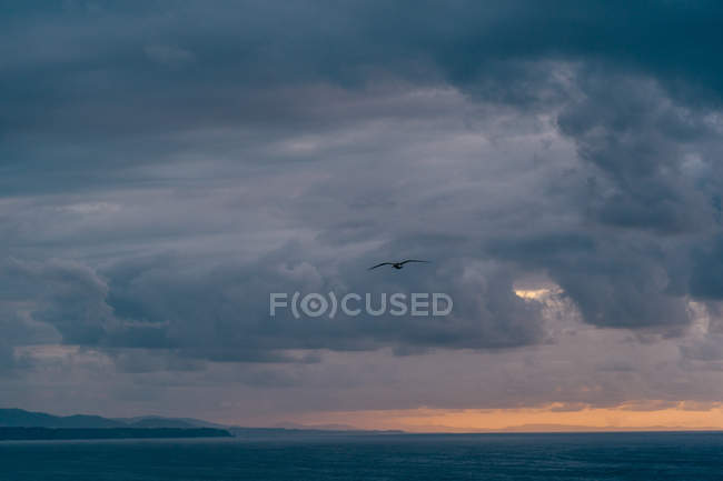 Nuvole grigio scuro vorticoso sul cielo tempestoso tramonto sul mare increspato in serata in natura — Foto stock
