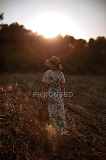 Back view of woman in retro dress and hat walking in field towards sunset sky — Stock Photo