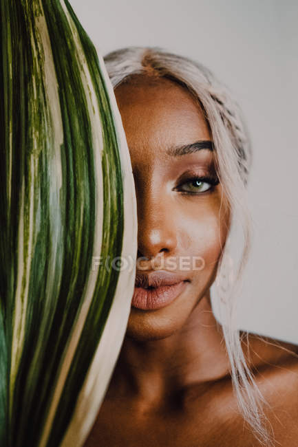 Wunderschöne erwachsene Schwarze Frau blickt in die Kamera und bedeckt das halbe Gesicht mit einer Pflanze auf grauem Hintergrund — Stockfoto