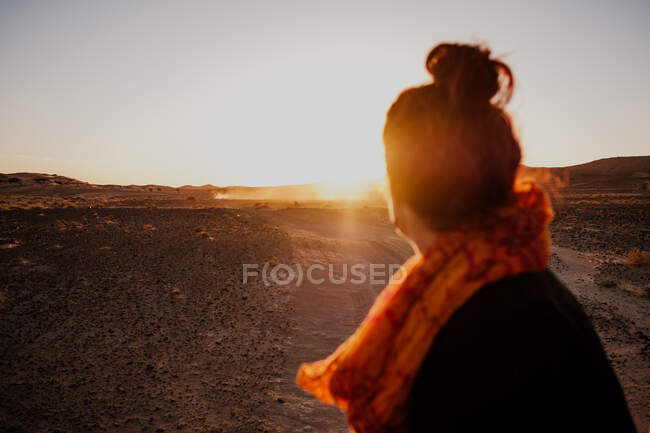Назад вид неузнаваемой туристической женщины, смотрящей вдаль, проводящей время в засушливой пустыне в Марокко — стоковое фото