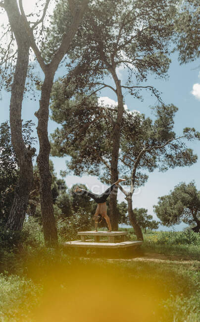 Спортивный бородатый мужчина практикующий йогу асану в стойке на руках на спокойном идиллическом лугу против голубого неба — стоковое фото