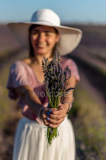 Weicher Fokus einer glücklichen Frau, die an einem Sommertag mit einem Strauß lila Blumen in ausgestreckten Händen auf einem Feld steht — Stockfoto