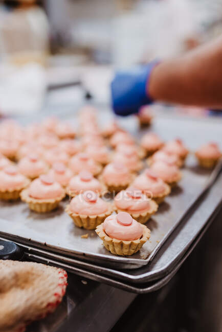 Pequenas sobremesas com orelhas de porco e focinho colocadas em bandeja de metal na padaria — Fotografia de Stock