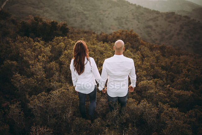 From behind from above loving couple in matching white shirt holding hands and gazing while standing at grassy mountain slope — Stock Photo