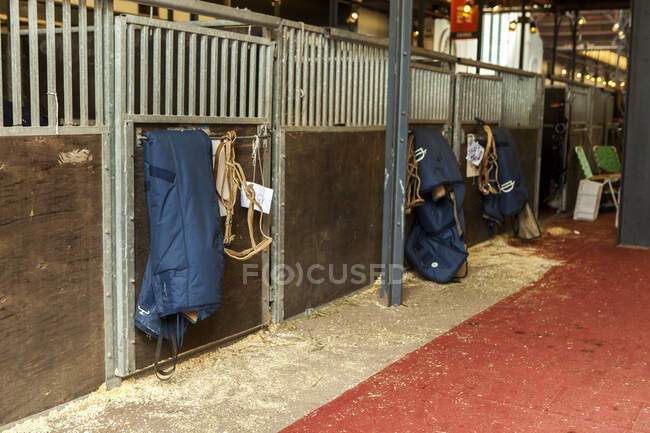 Barn sections with closed doors and hanging equipment for horse riding — Stock Photo