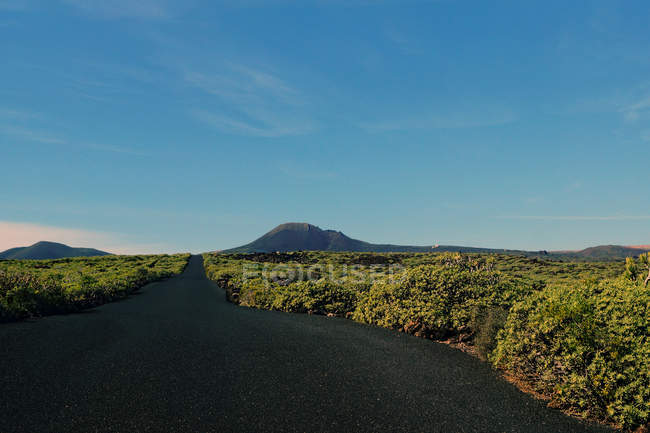Leere Straße zu Fuß ins Gebirgstal entlang eines Feldes mit viel Grün auf Lanzarote Kanarische Inseln Spanien — Stockfoto