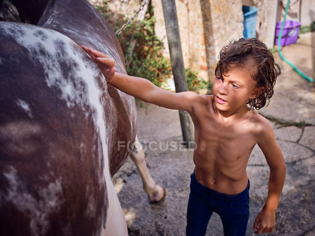 Criança sem camisa feliz com cabelo encaracolado molhado abraçando lado cavalo no rancho — Fotografia de Stock