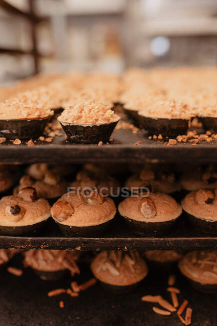 Mains de gâteaux frais délicieux placés sur des plateaux métalliques sur un rack dans une boulangerie — Photo de stock