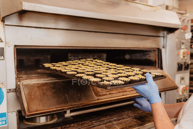 Працівник хлібопекарської промисловості в латексних рукавичках кладе лоток з порожніми випічками в професійну піч — стокове фото