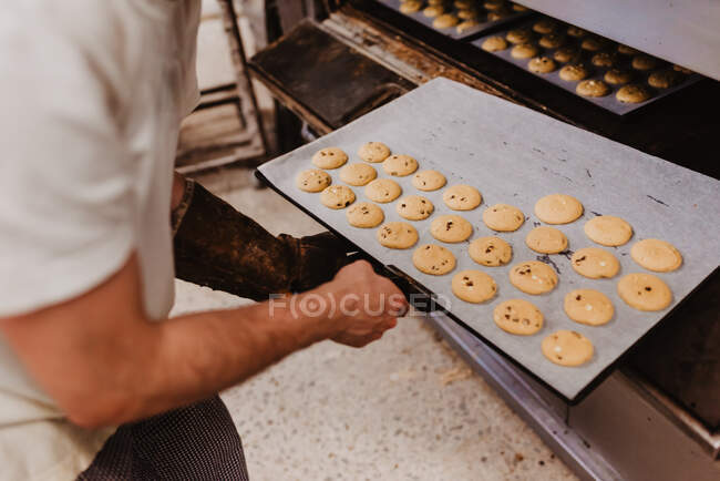 Erntehelfer guckt in professionellen Backofen, während er in Bäckerei arbeitet — Stockfoto