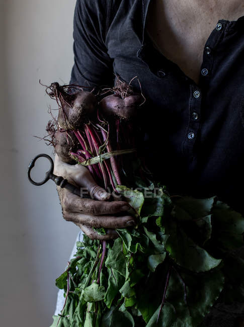 Unrecognizable person holding bunch of beetroots and vintage key in hand — Stock Photo