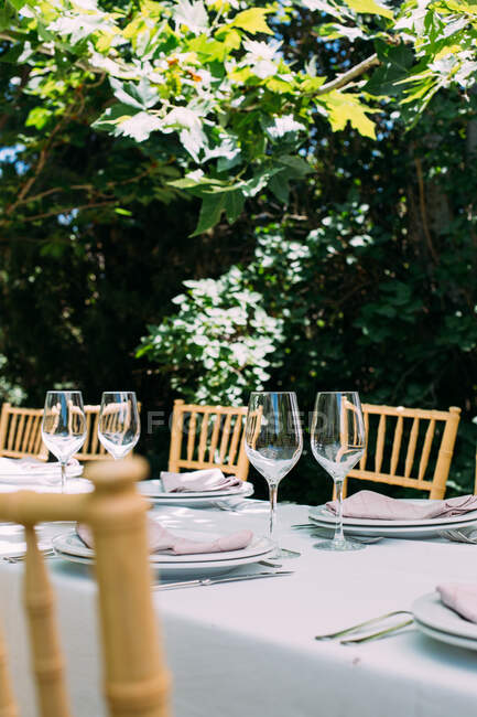 Table de fête rustique extérieure avec couverts et verres — Photo de stock