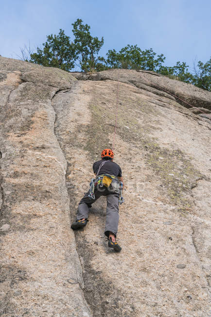 From below man climbing a rock in nature with climbing equipment — Stock Photo