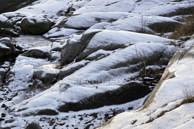 Oberfläche des gefrorenen Teiches mit weißem Schnee im Winterlicht in Norwegen bedeckt — Stockfoto