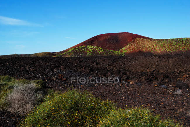 Vista pitoresca de terreno vulcânico com lava solidificada em área selvagem na ilha de Lanzarote Espanha — Fotografia de Stock