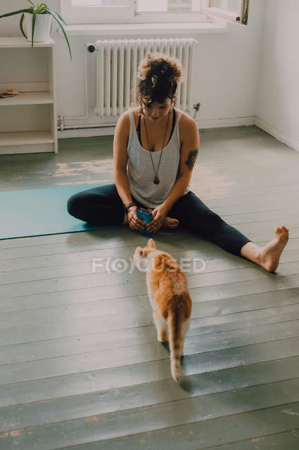 Забота о повседневной женщине, дающей пищу любопытной кошке, сидя босиком в минималистичной современной квартире — стоковое фото