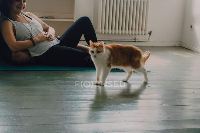 Здоровый рыжий домашний кот прогуливается по полу комнаты рядом с лежащей босой парой — стоковое фото