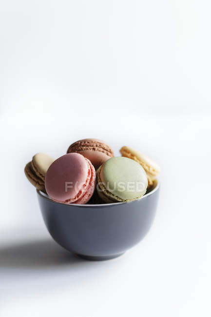 Bol de macarons colorés frais sur fond blanc — Photo de stock