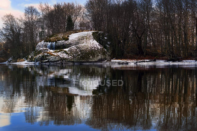 Lado del río cubierto de nieve y árboles frondosos que reflejan el agua. - foto de stock
