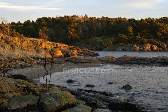 Des roches grises au bord de la mer par une journée de brume froide avec un ciel clair et coloré — Photo de stock