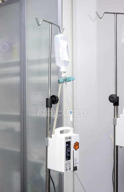Goteo de solución salina para paciente animal colgado en poste metálico en quirófano de clínica veterinaria - foto de stock