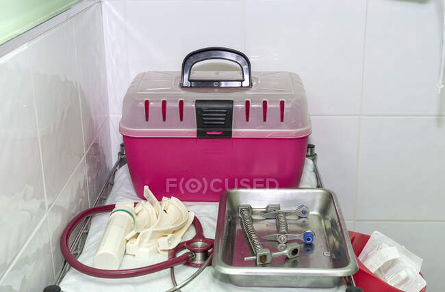 Розовая пластиковая коробка для перевозки кошек и медицинских инструментов на хирургическом подносе у плитки стены в ветеринарной клинике — стоковое фото