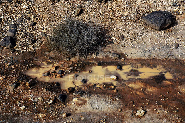 Сверху болото с мутной мутной водой, коричневая почва и черные скалы — стоковое фото