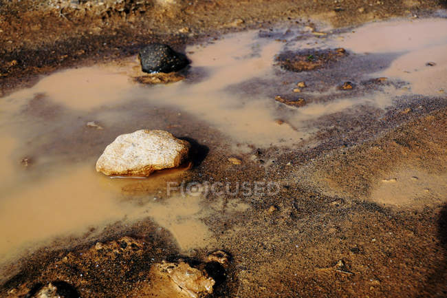 From above swamp with turbid muddy water brown soil and black rocks — Stock Photo