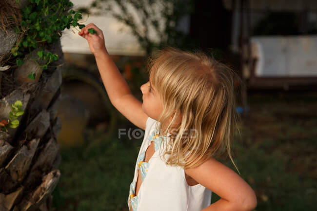 Side view of little girl keeping hand on waist and touching small leaves on tree while standing in peaceful garden — Stock Photo