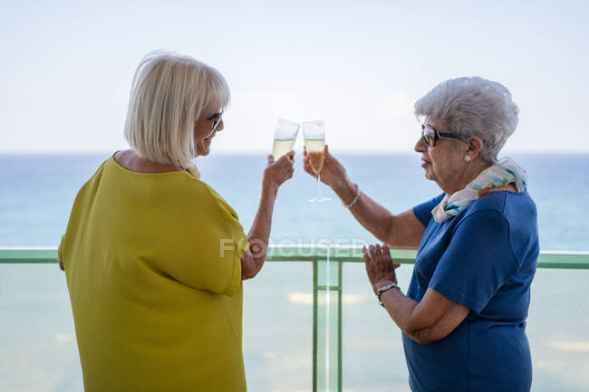 Donne felici in abiti eleganti dicendo brindisi e godersi il vino mentre in piedi sul balcone dell'hotel vicino al mare in resort — Foto stock