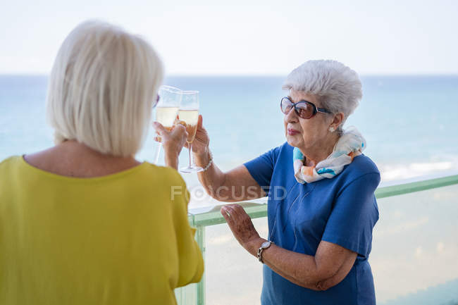 Щасливі жінки в елегантному одязі говорять тости і насолоджуються вином, стоячи на готельному балконі біля моря на курорті — стокове фото