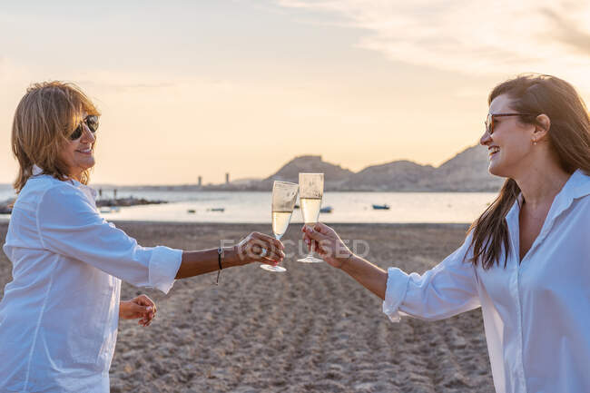Мать и младшая дочь звонят бокалы вина и смеются во время празднования воссоединения семьи вечером на курорте — стоковое фото