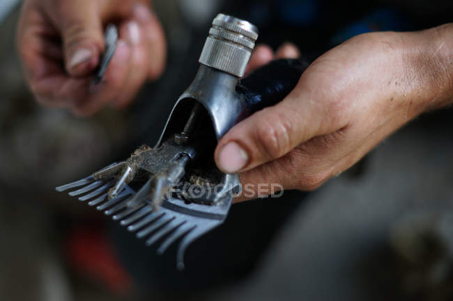 Geschnittenes Bild eines Mannes, der während der Arbeit in einer Scheune auf einem Bauernhof ein schmutziges Rasiermesser repariert — Stockfoto